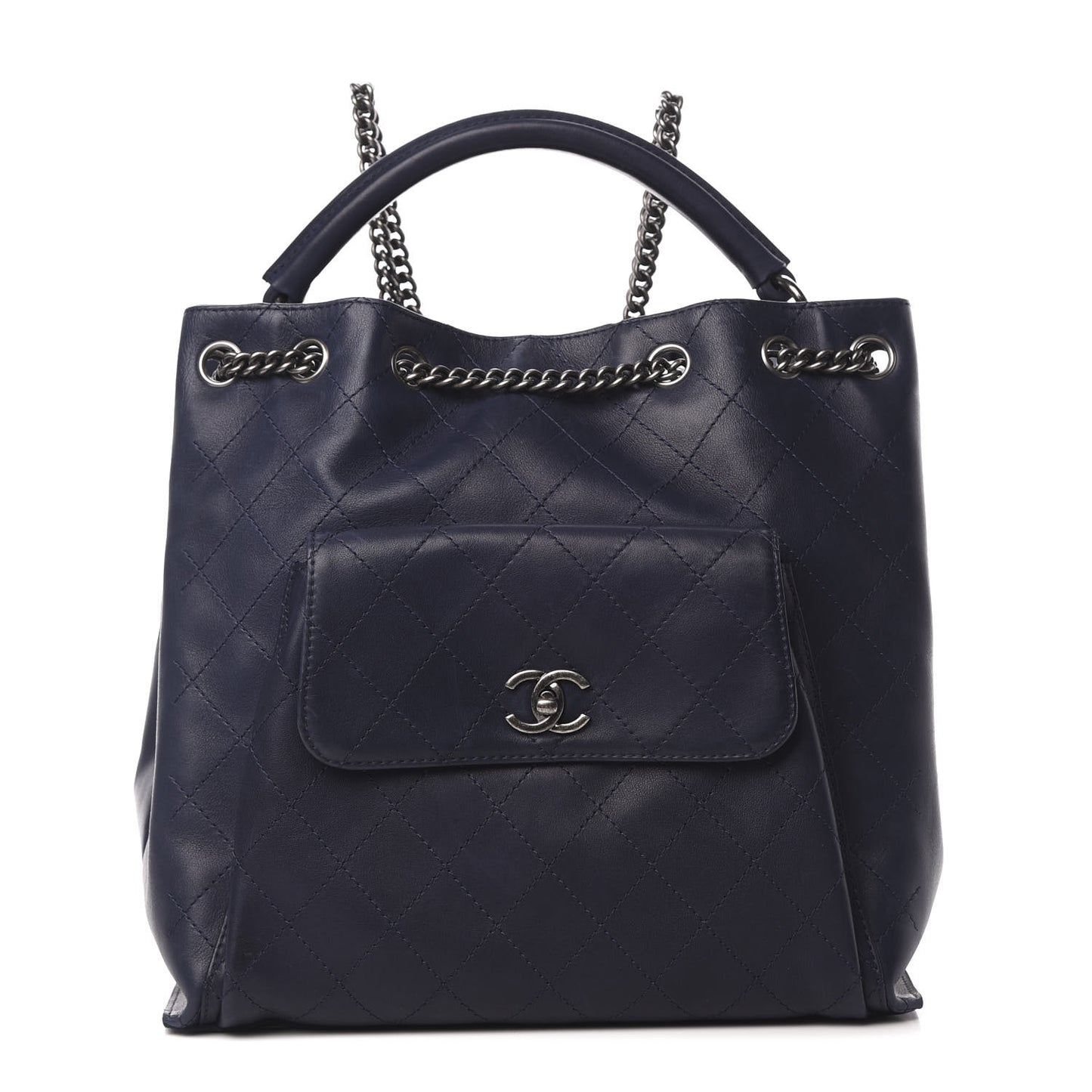 Calfskin Stitched Large Urban Luxury Drawstring Backpack Navy Blue