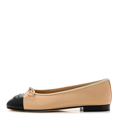 Chanel Lambskin Cap Toe CC Ballerina Flats 37.5 Beige Black 1 of 8