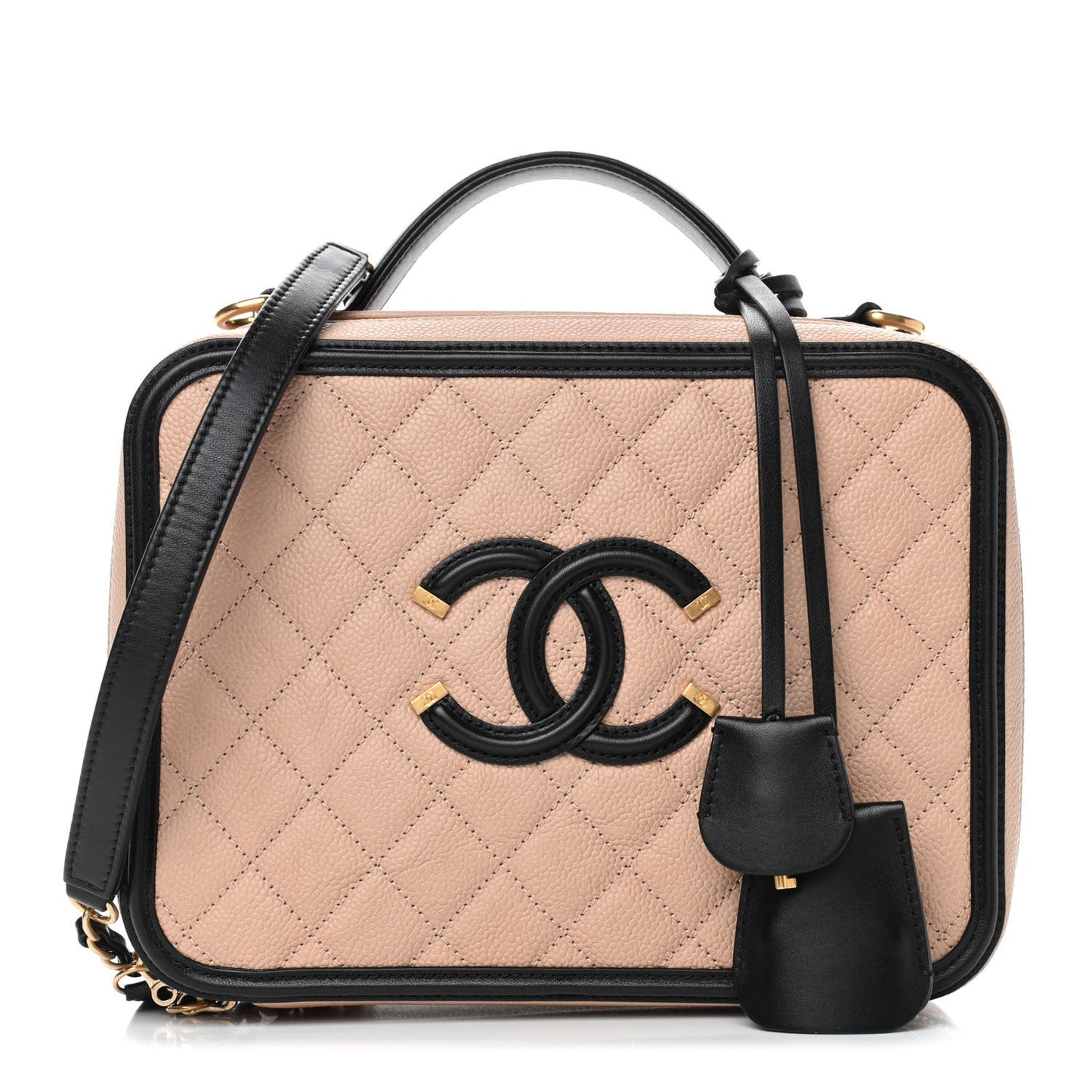 Caviar Quilted Large CC Filigree Vanity Case Beige Black