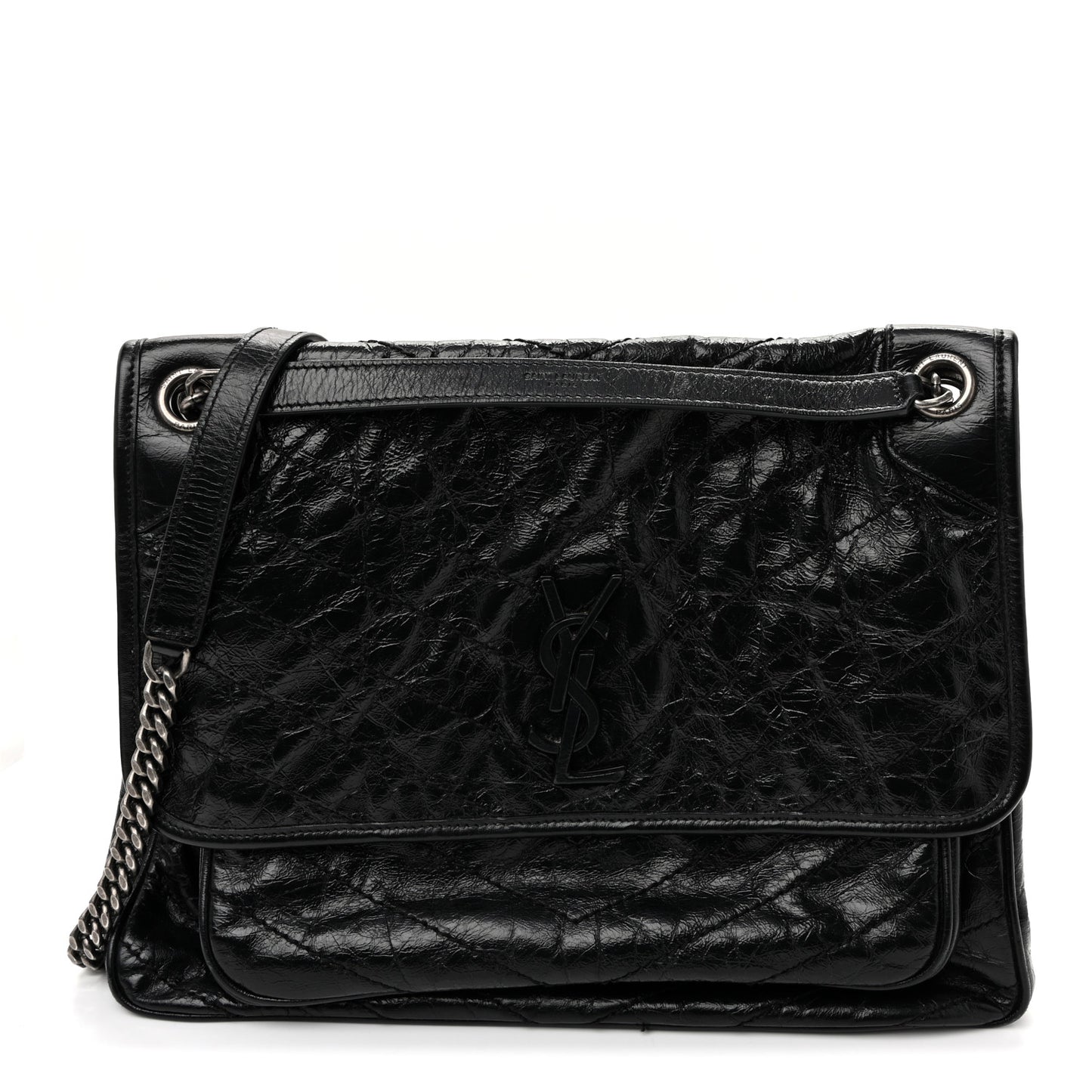 Crinkled Calfskin Matelasse Monogram Large Niki Chain Satchel Black Black