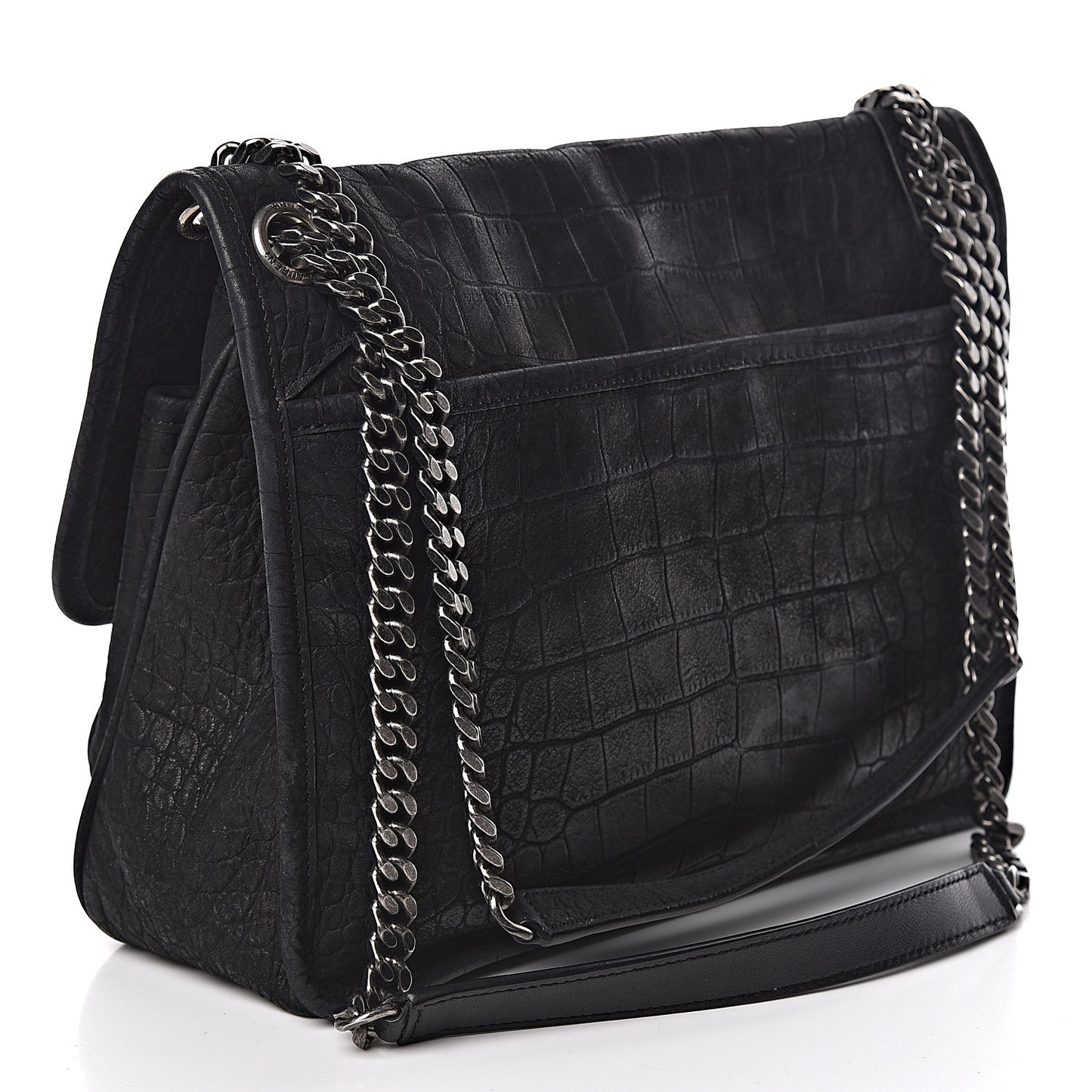 Nubuck Crocodile Embossed Monogram Medium Niki Chain Satchel Black