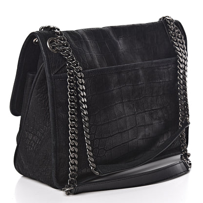 Saint Laurent Nubuck Crocodile Embossed Monogram Medium Niki Chain Satchel Black 3 of 17