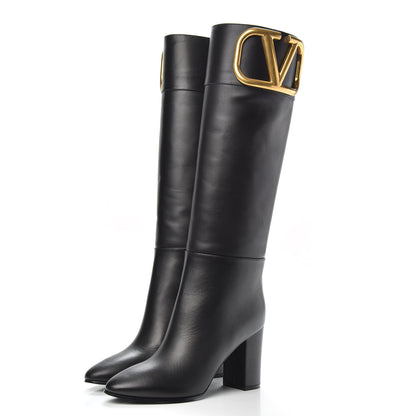 Valentino Garavani Calfskin Vlogo Knee High 85mm Boots 35 Black 3 of 8