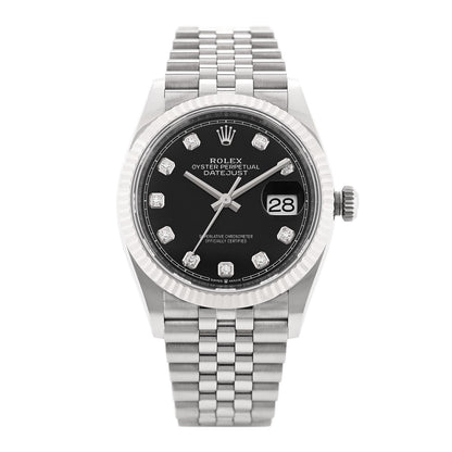 Rolex Stainless Steel 18K White Gold Diamond 36mm Oyster Perpetual Datejust Watch Black 126234 1 of 6