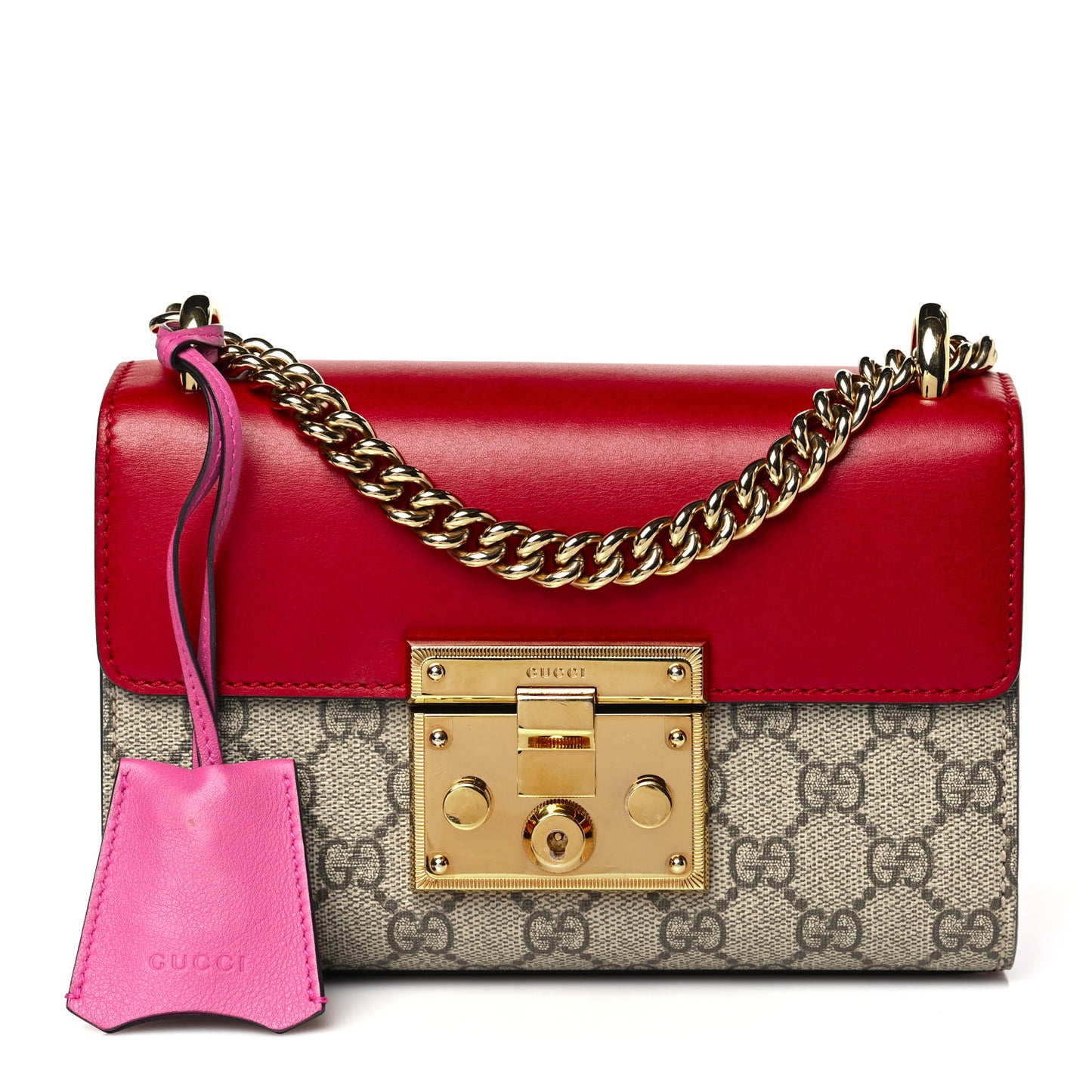 GG Supreme Monogram Calfskin Small Padlock Shoulder Bag Beige Hibiscus Red New Rosette
