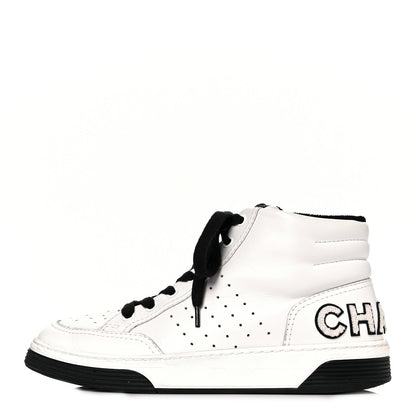 Chanel Calfskin Womens Logo High Top Sneakers 39.5 Black White 1 of 10