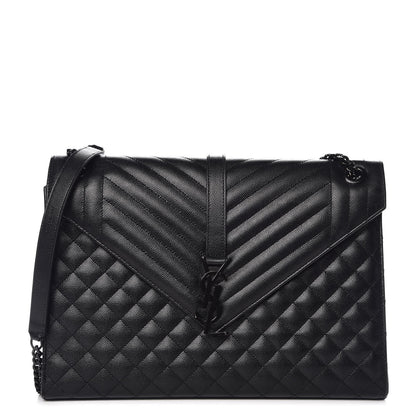 Saint Laurent Grain De Poudre Textured Mixed Matelasse Large Triquilt Monogram Monochrome Satchel Black 1 of 11