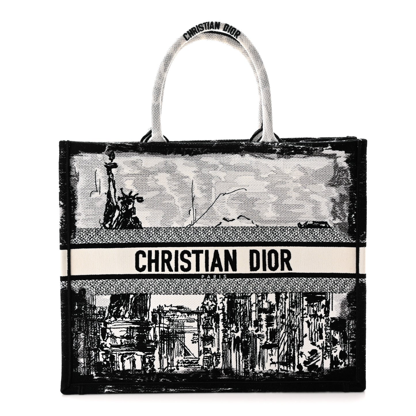 Canvas Embroidered Large New York Book Tote Black White