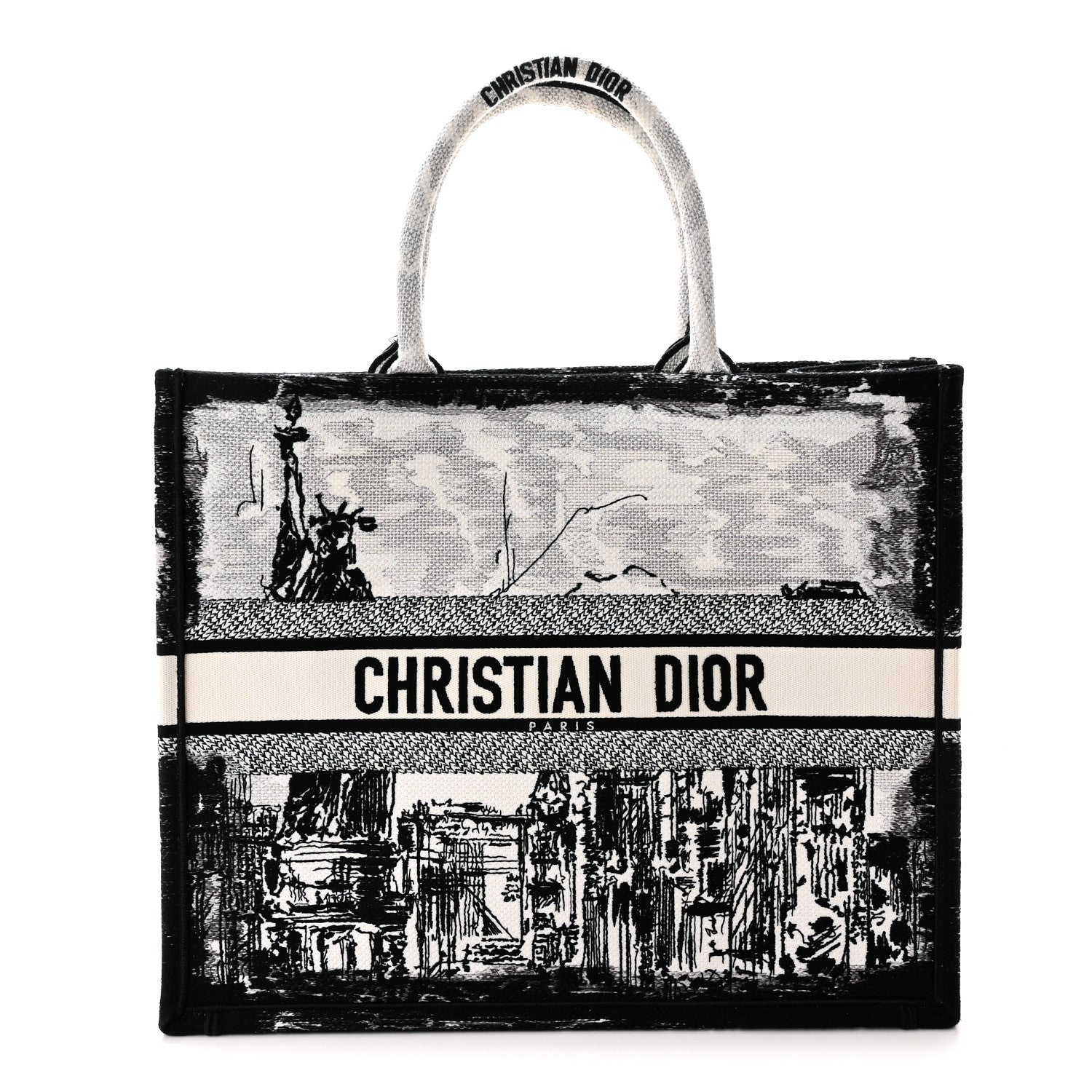 Christian Dior Canvas Embroidered Large New York Book Tote Black White 1 of 10