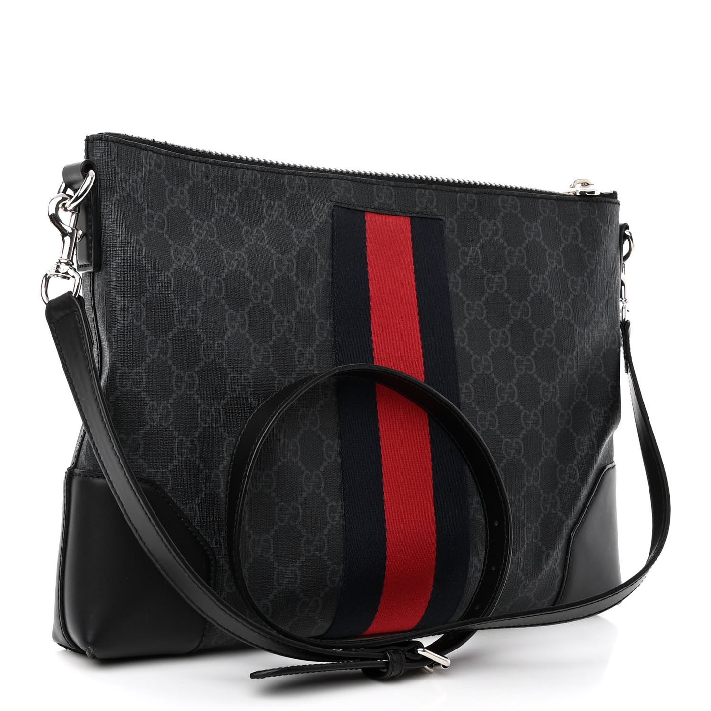 Soft GG Supreme Monogram Appia Calfskin Web East West Messenger Bag Black Grey