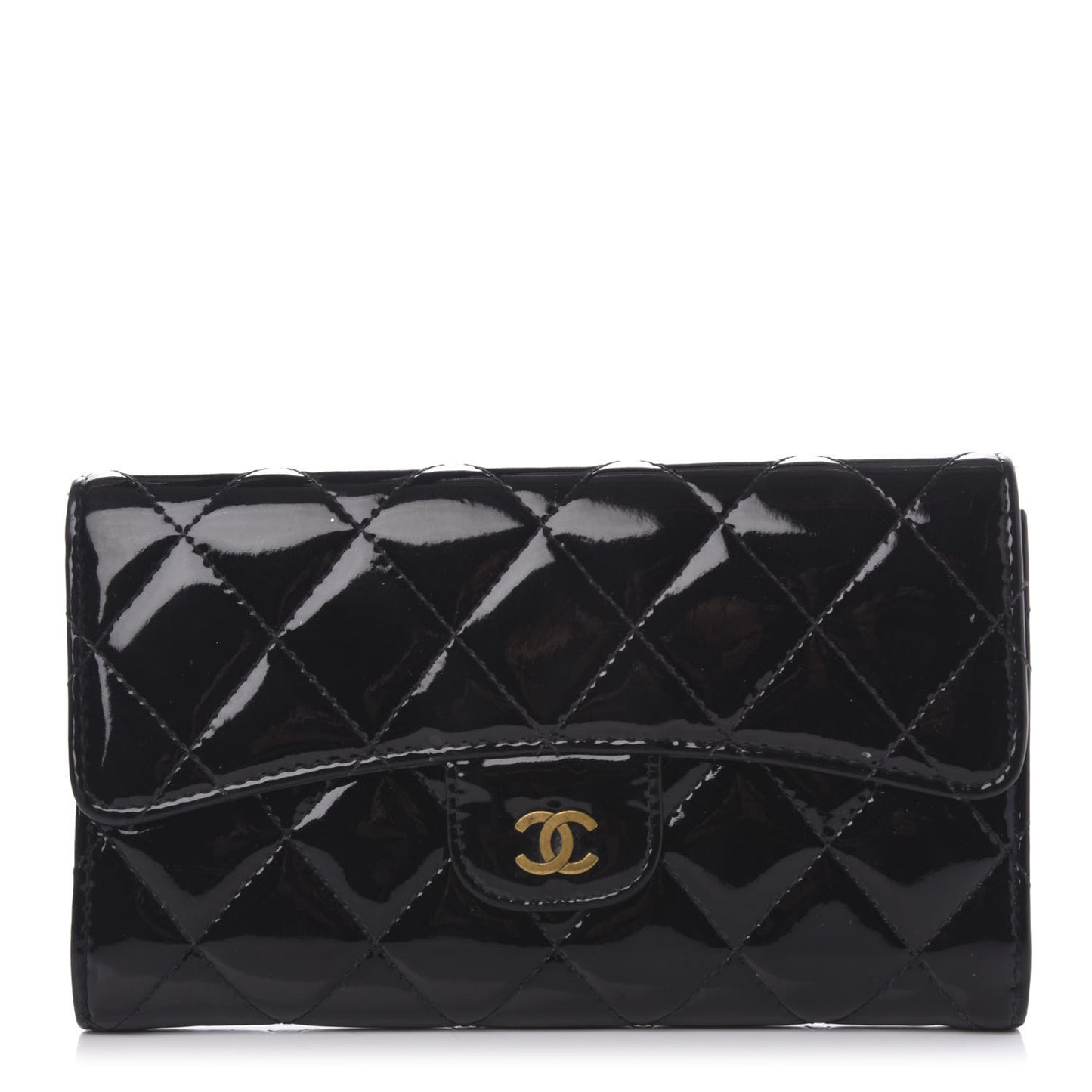Patent Quilted Large Flap Wallet Black