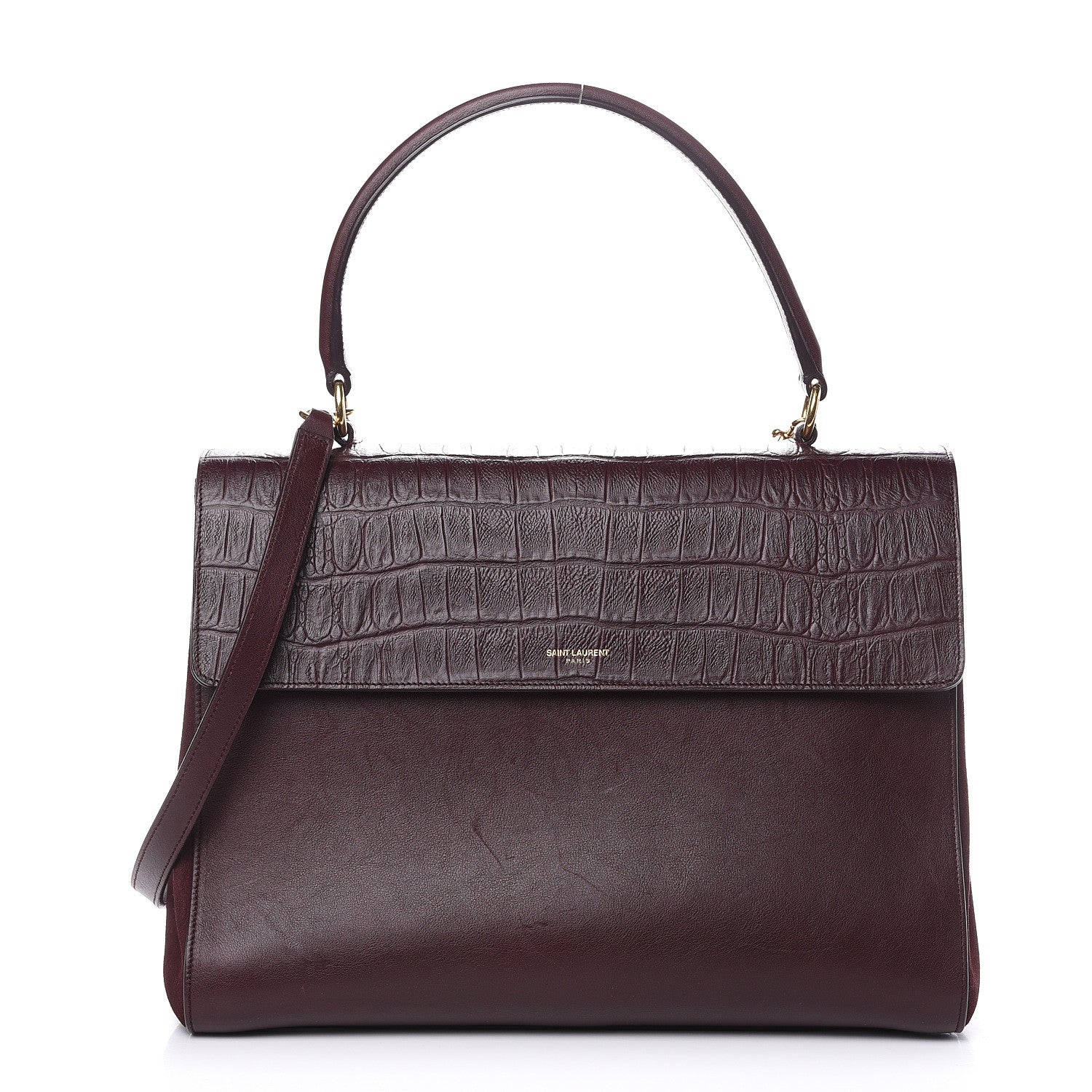 Saint Laurent Calfskin Crocodile Embossed Medium Moujik Top Handle Bag Amarena 1 of 14