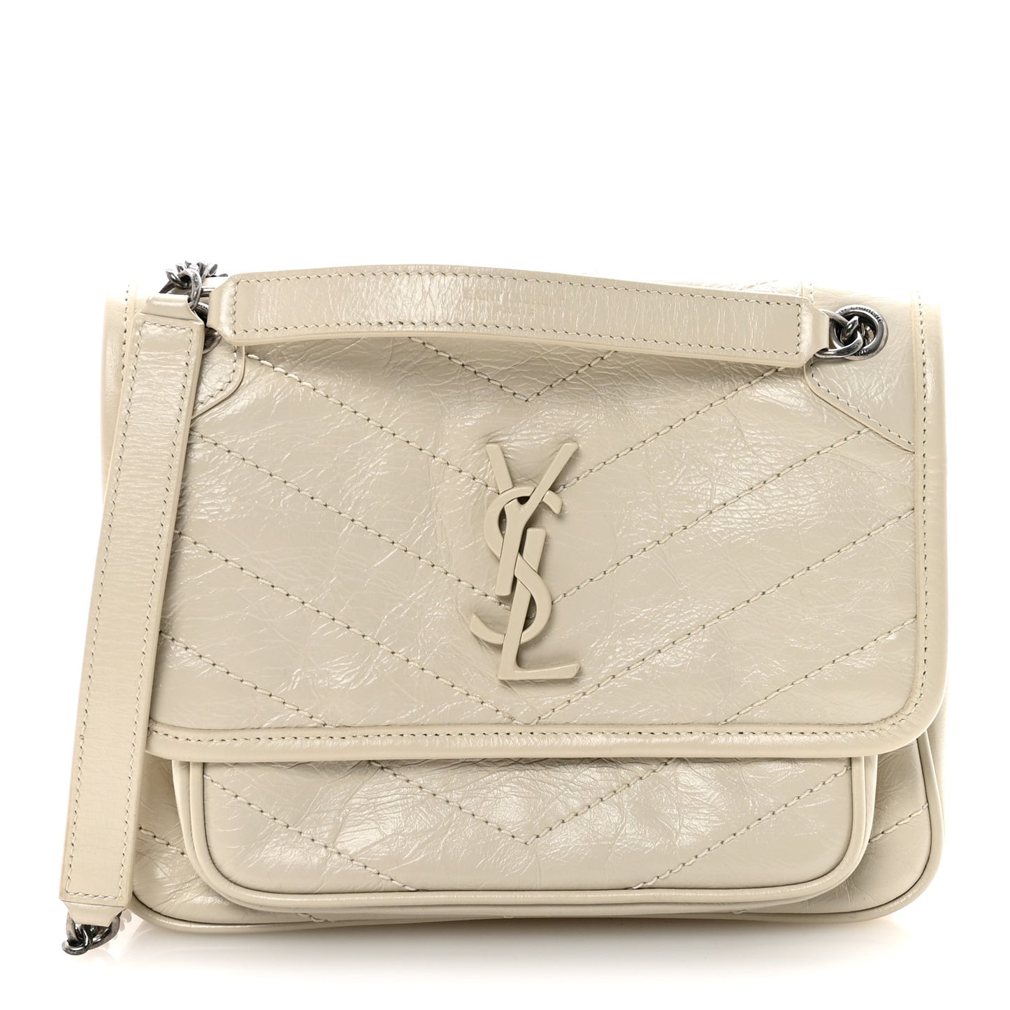 Crinkled Calfskin Matelasse Monogram Baby Niki Chain Satchel Ivory