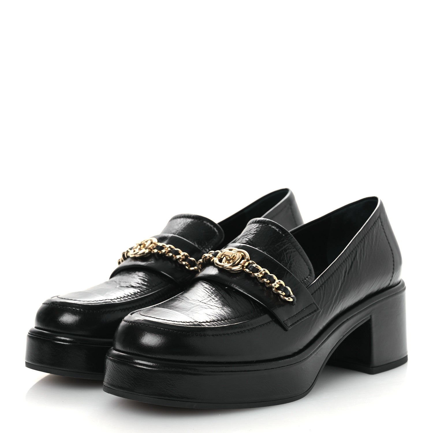 Chanel Shiny Calfskin Logo Loafers 38 Black 4 of 11