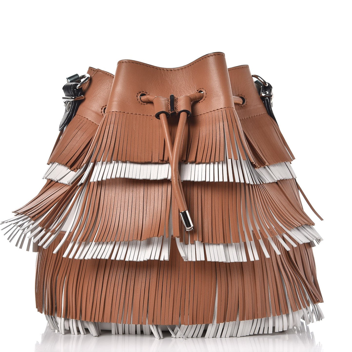 Calfskin Medium Fringe Bucket Bag Dune White
