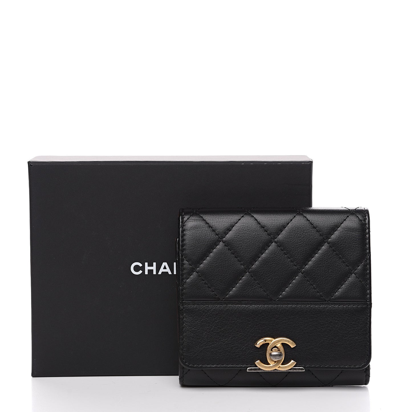 Calfskin Quilted Compact Flap Wallet Black