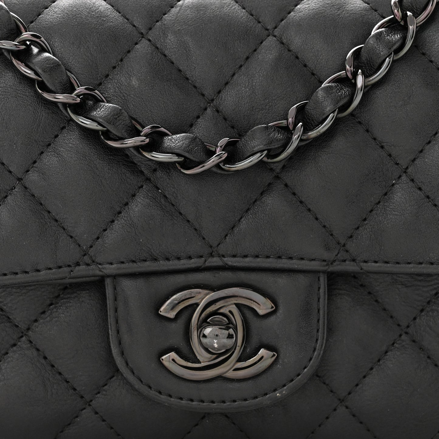 Crumpled Calfskin Quilted Mini Rectangular Flap So Black
