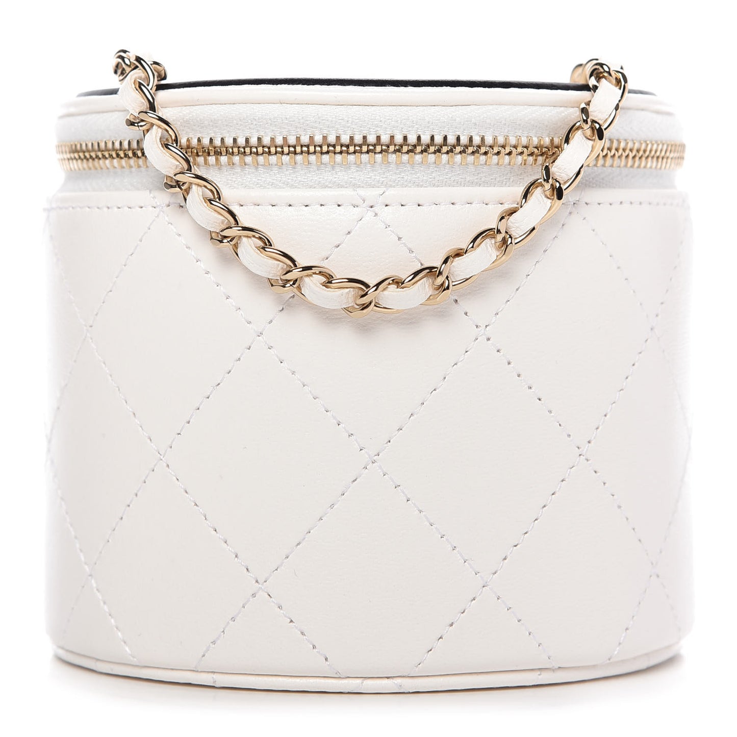 Lambskin Quilted Round Small Vanity Case With Chain White Black