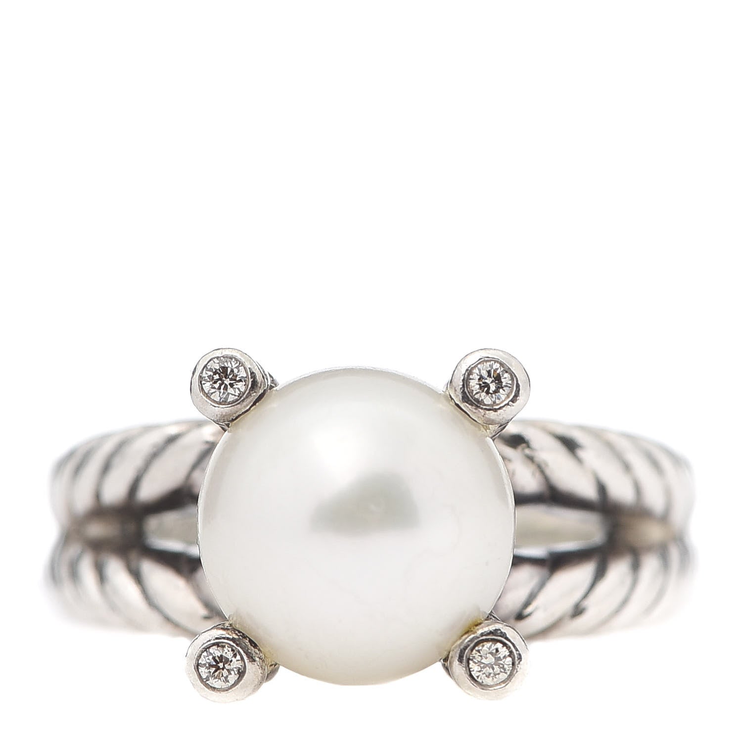 David Yurman Sterling Silver Diamond Pearl 10mm Cable Ring 52 6 1 of 5