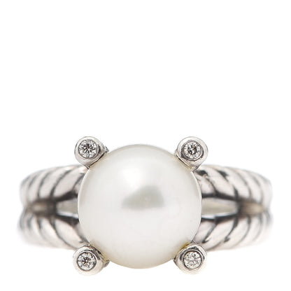 David Yurman Sterling Silver Diamond Pearl 10mm Cable Ring 52 6 1 of 5