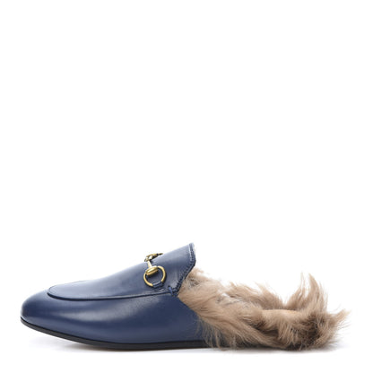 Gucci Malaga Kid Fur Womens Princetown Slippers 38.5 Blue Agata 1 of 8