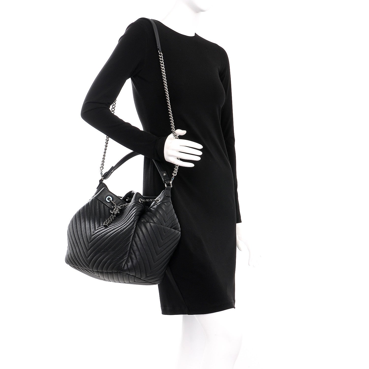 Chanel Deerskin Chevron Large CC Chain Bucket Drawstring Bag Black 2 of 8