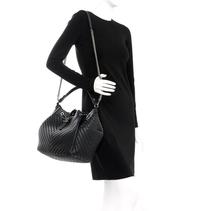 Chanel Deerskin Chevron Large CC Chain Bucket Drawstring Bag Black 2 of 8