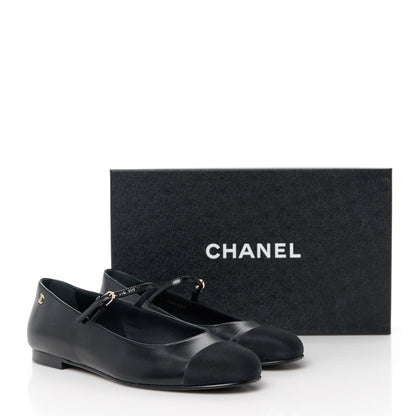 Chanel Goatskin Grosgain Cap Toe CC Mary Jane Flats 37.5 Black 9 of 9