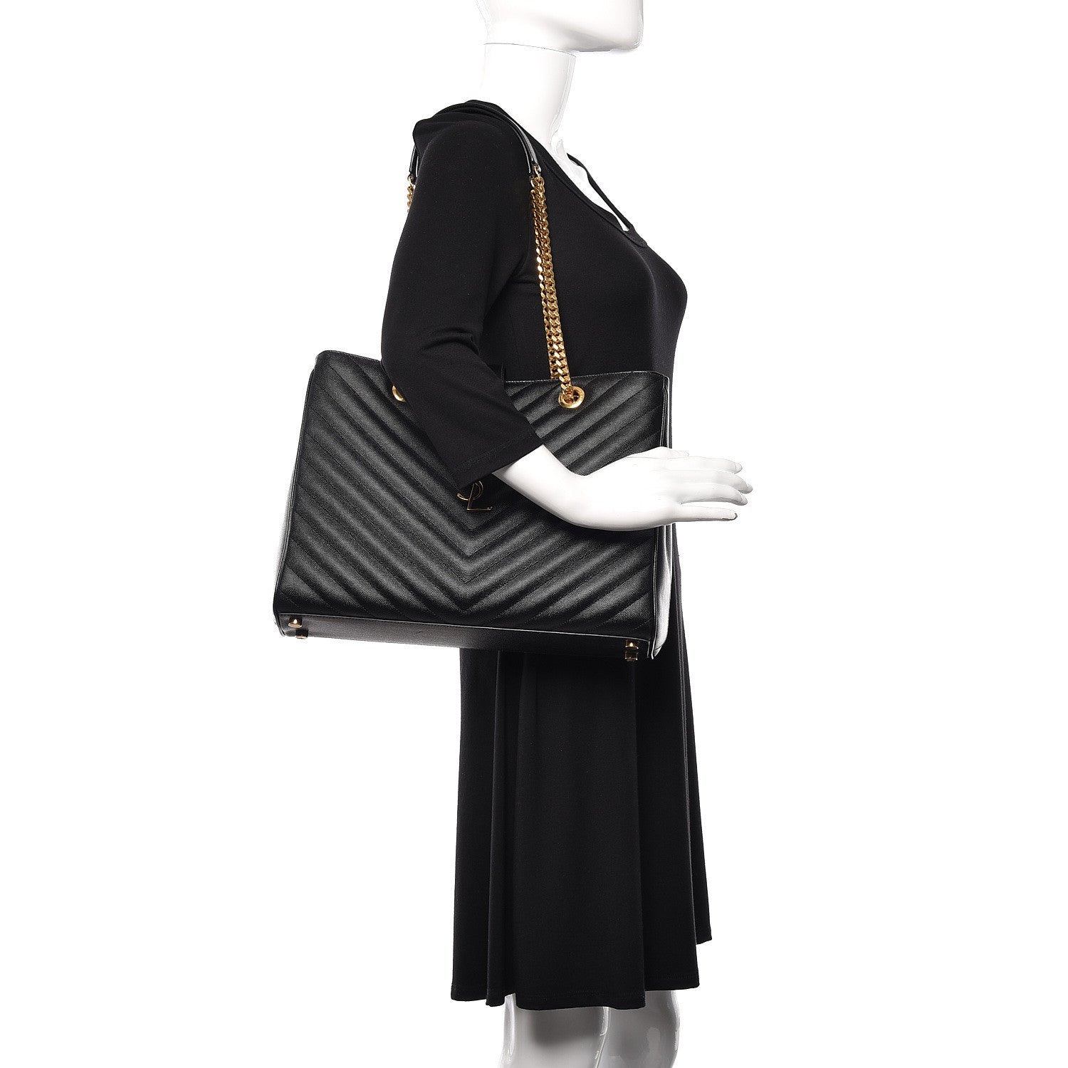 Saint Laurent Grain De Poudre Matelasse Chevron Monogram Shopping Bag Black 2 of 11
