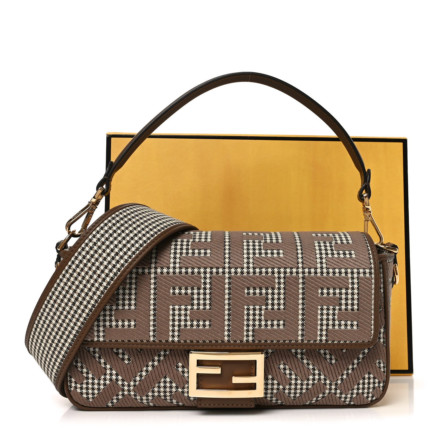 Fendi Wool Vitello King Houndstooth FF Embroidered Baguette Beige