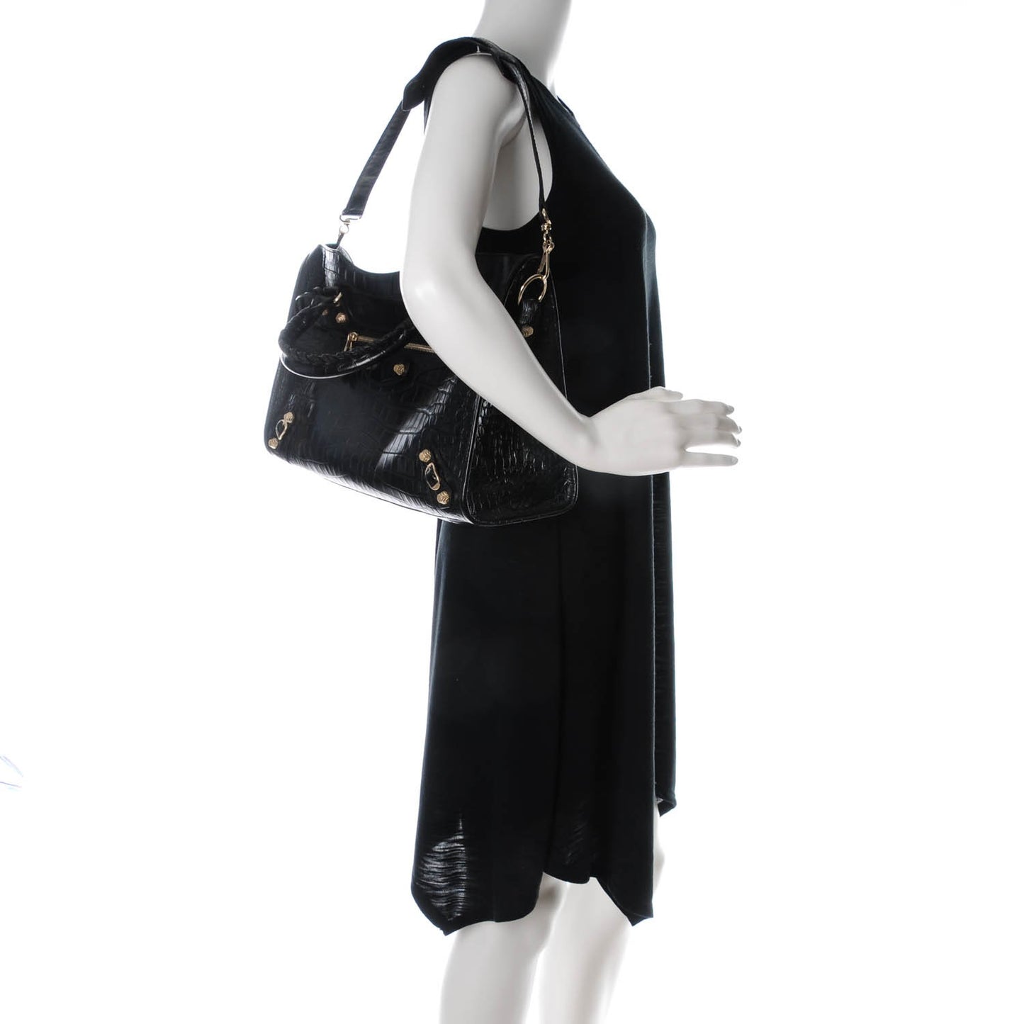 Calfskin Crocodile Embossed Giant 12 Gold Hardware City Black