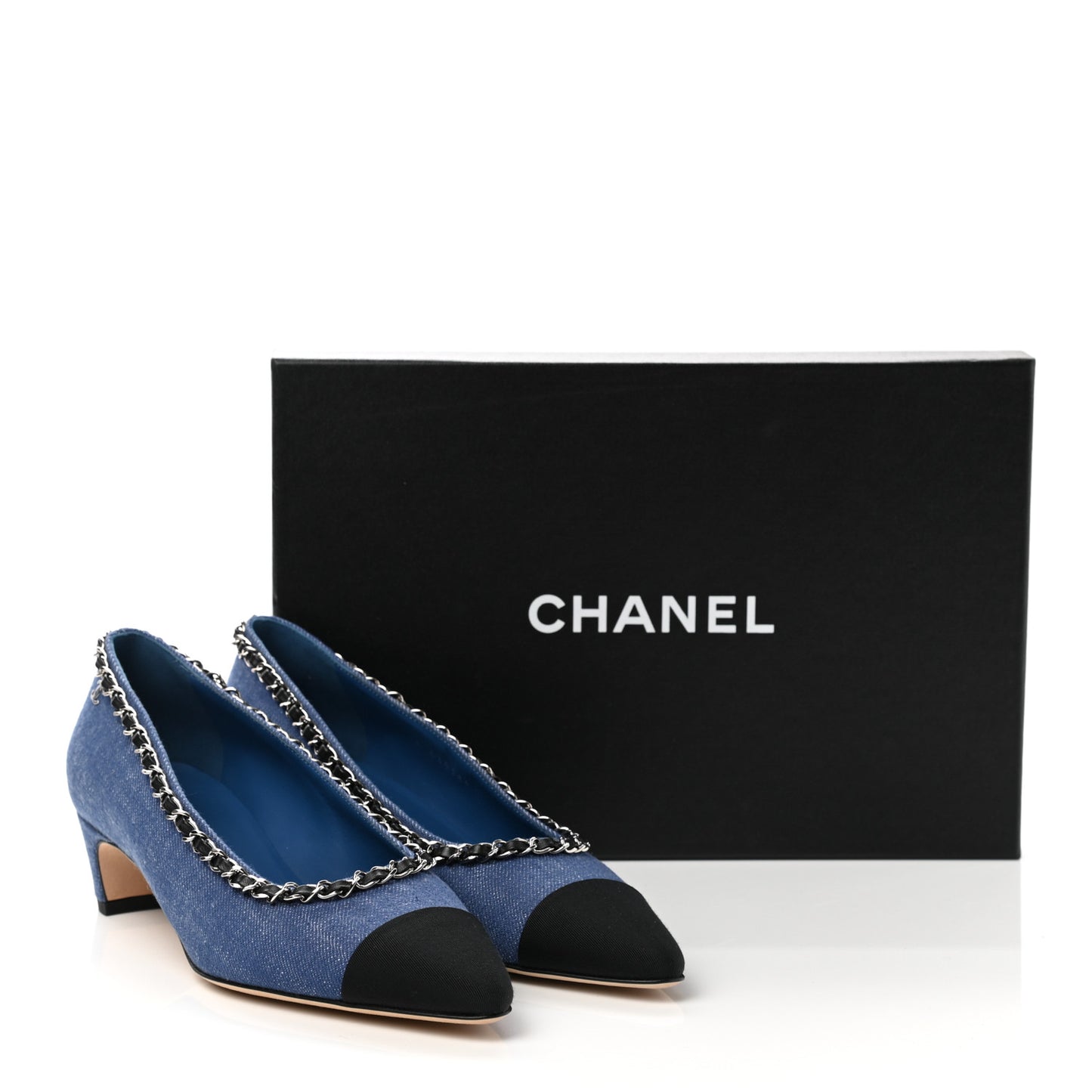 Denim Grosgrain Chain Cap Toe Pumps 38 Blue Black