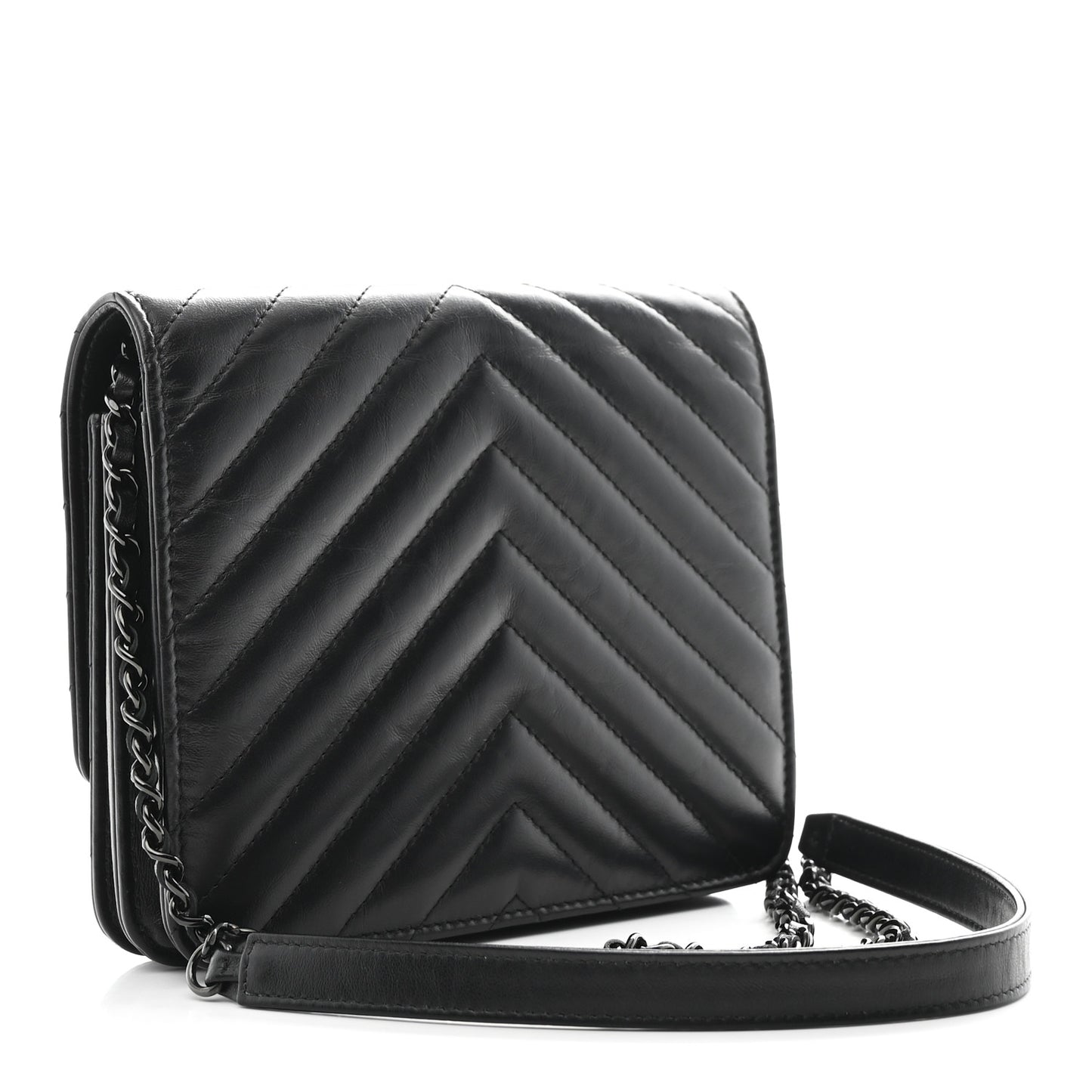 Aged Calfskin Chevron Quilted Reissue 2.55 Square Wallet On Chain WOC So Black