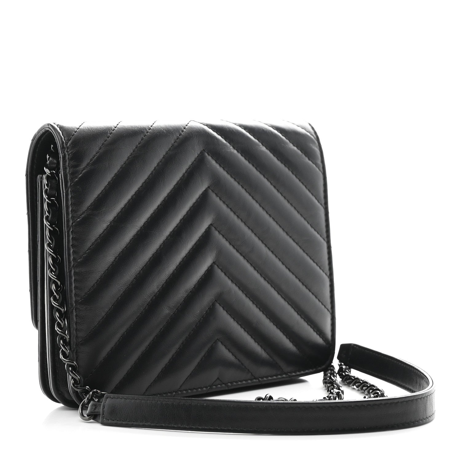 Chanel Aged Calfskin Chevron Quilted Reissue 2.55 Square Wallet On Chain WOC So Black 2 of 12
