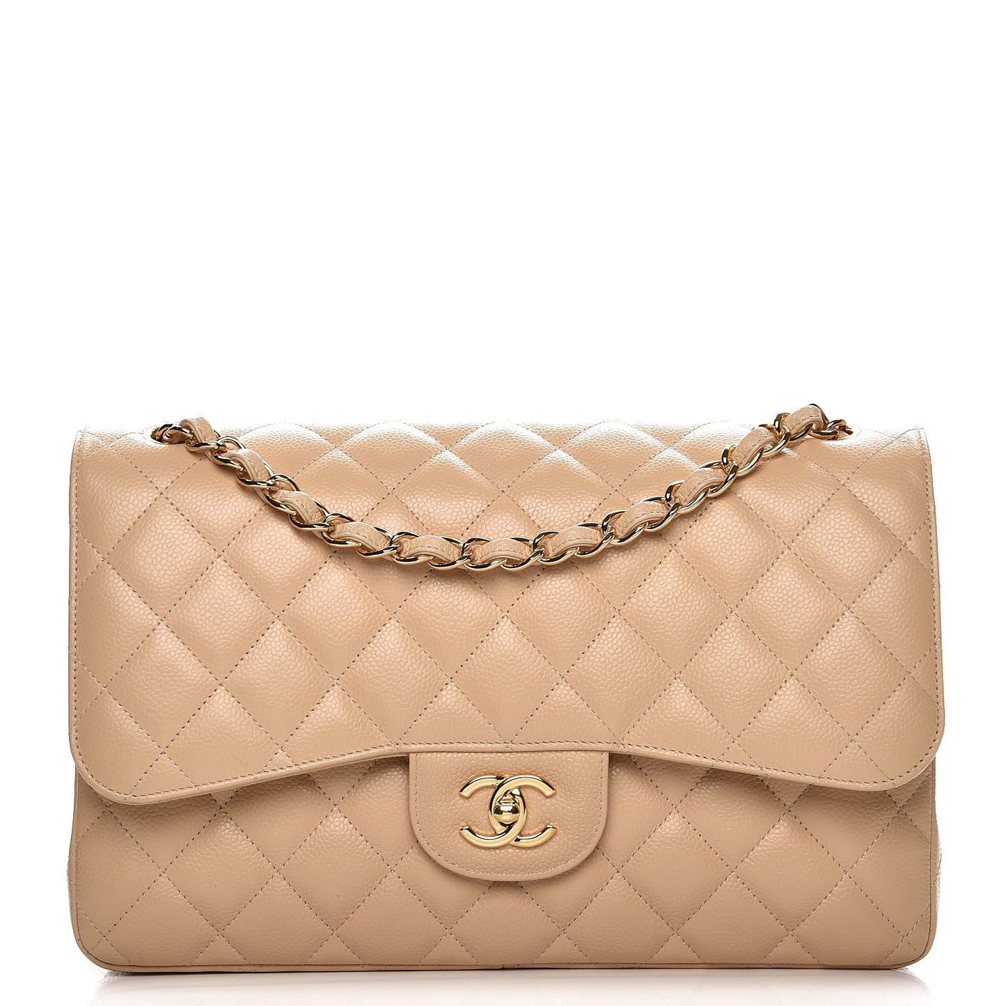 Caviar Quilted Jumbo Double Flap Beige