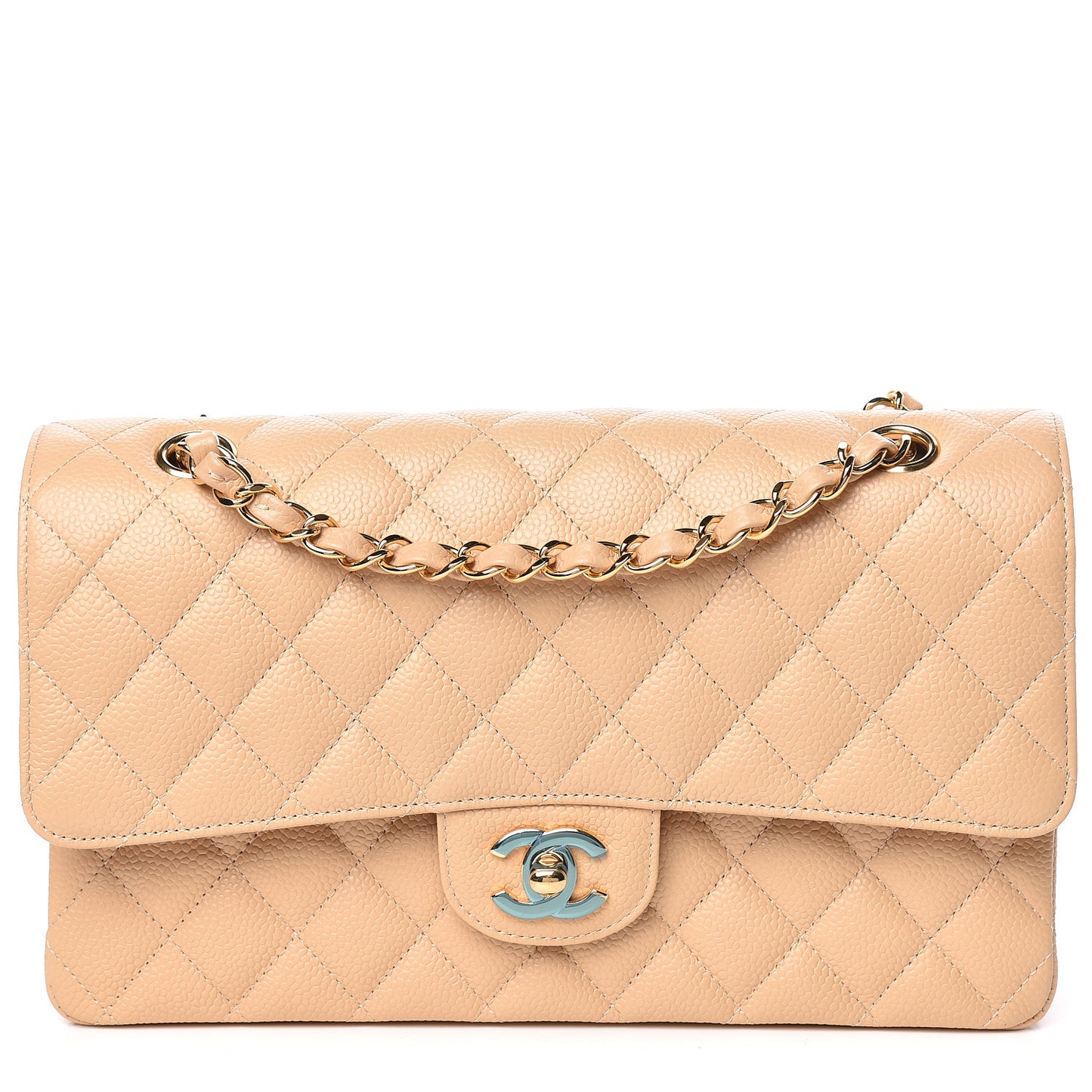 Caviar Quilted Medium Double Flap Beige Clair