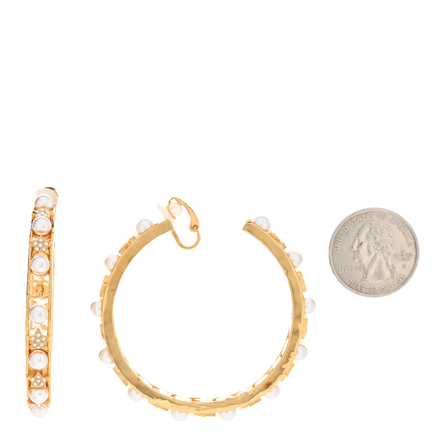 Chanel Crystal Pearl CC Hoop Earrings Gold Pearly White 2 of 5