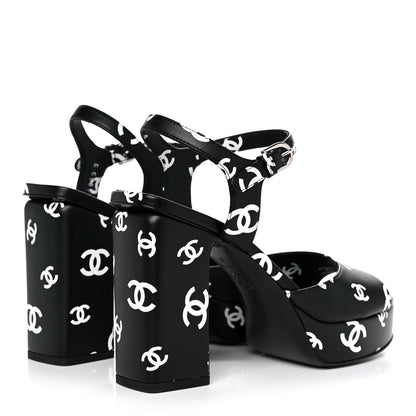 Chanel Printed Lambskin Coco Beach Platform Sandals 37 Black White 4 of 9