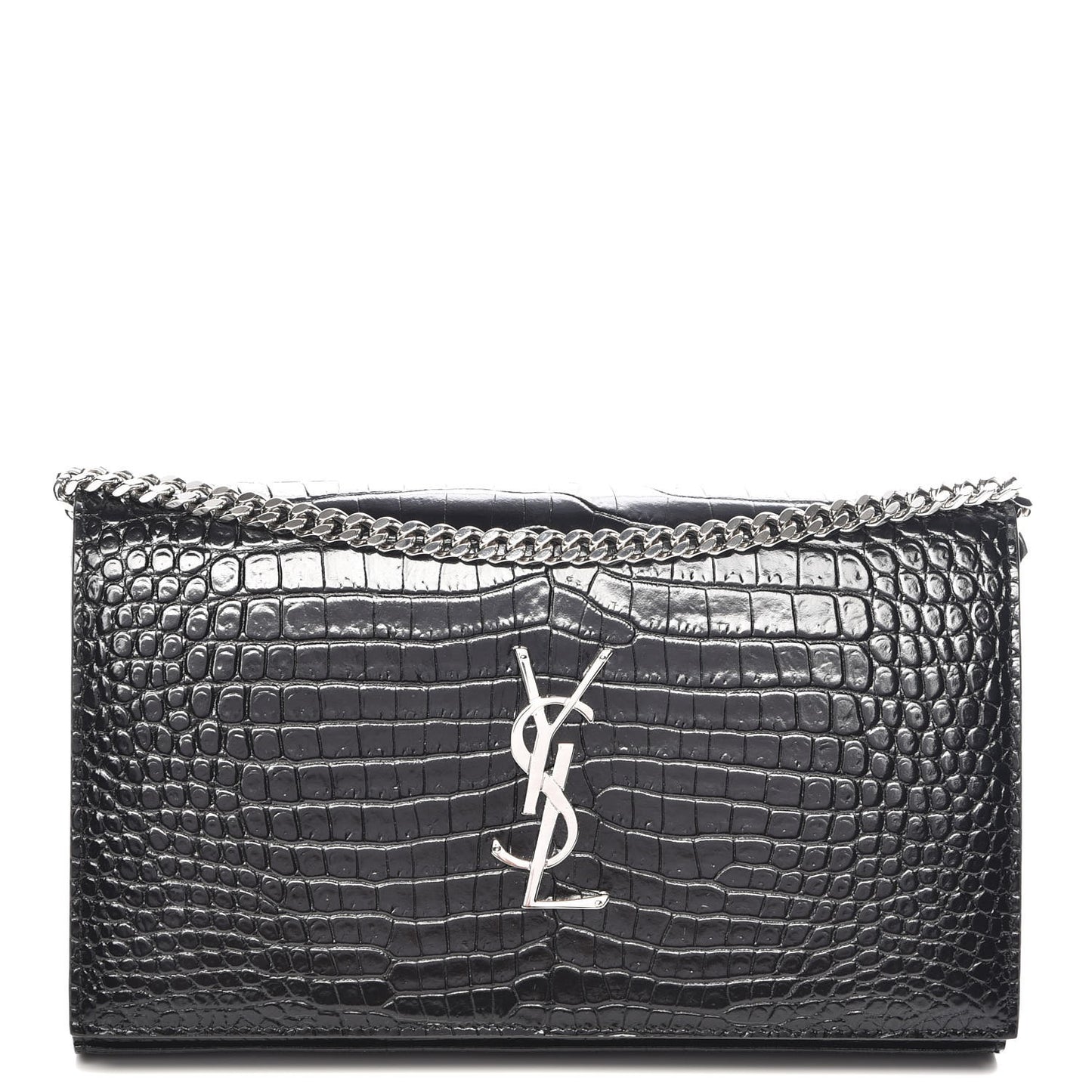 Calfskin Crocodile Embossed Monogram Chain Wallet Nero Black