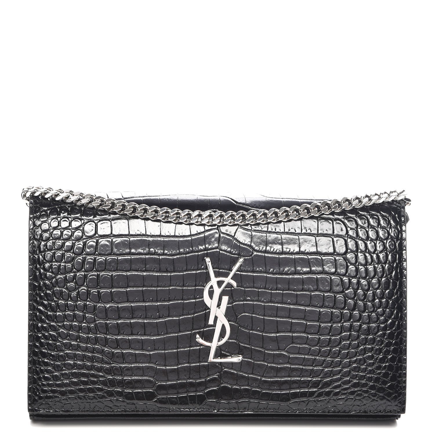 Saint Laurent Calfskin Crocodile Embossed Monogram Chain Wallet Nero Black 1 of 7