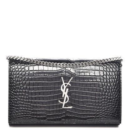 Saint Laurent Calfskin Crocodile Embossed Monogram Chain Wallet Nero Black 1 of 7
