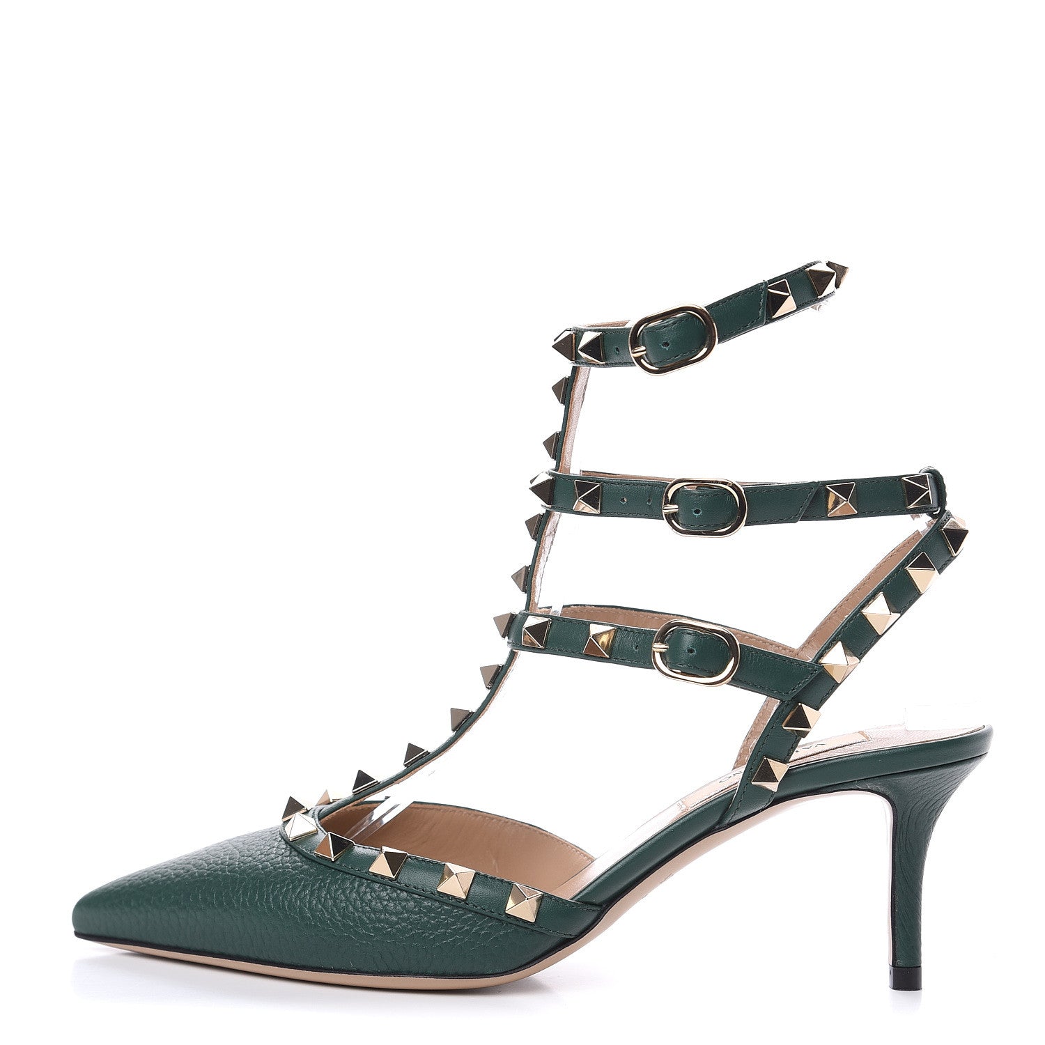 Valentino Garavani Pebbled Calfskin Rockstud Ankle Strap 65mm Pumps 36 English Green 1 of 8