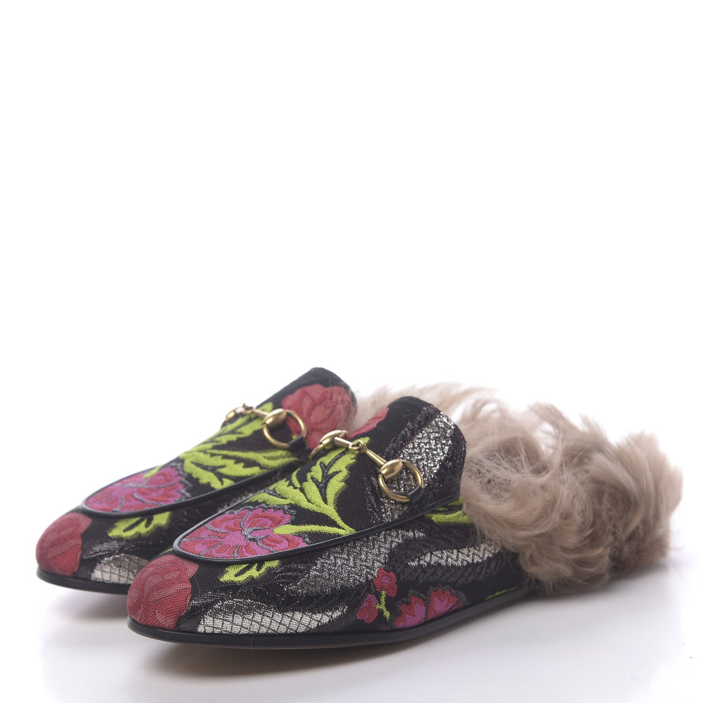 Brocade Fur Floral Womens Princetown Slippers 36 Black Anthracite