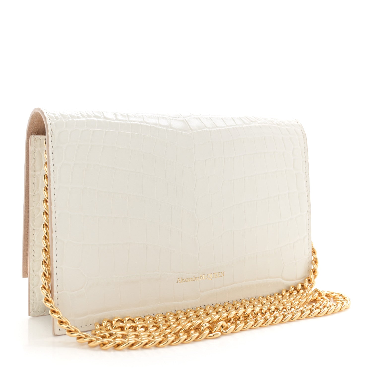 Alexander McQueen Calfskin Crocodile Embossed Skull Mini Crossbody Bag White 3 of 12