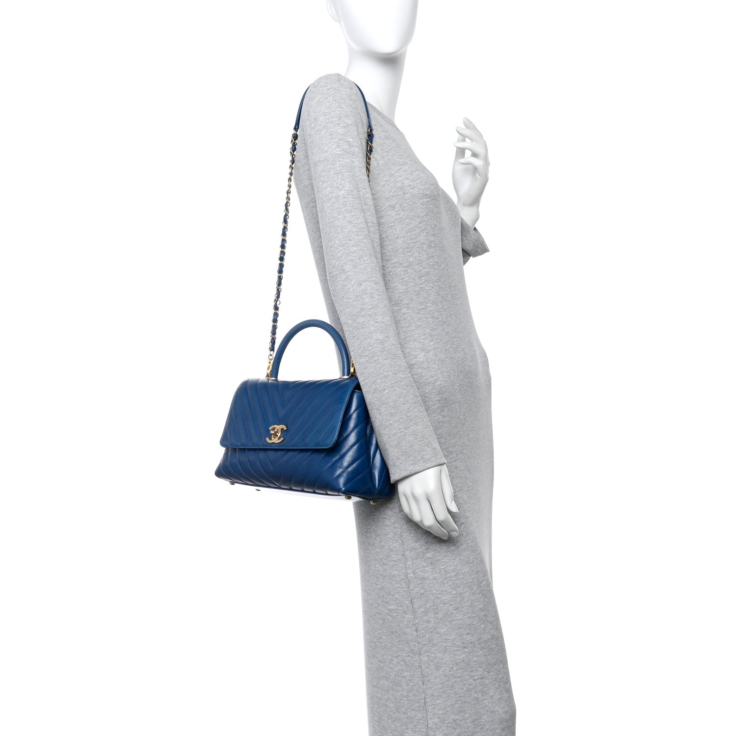 Chanel Aged Calfskin Chevron Quilted Small Coco Handle Flap Blue 3 of 12