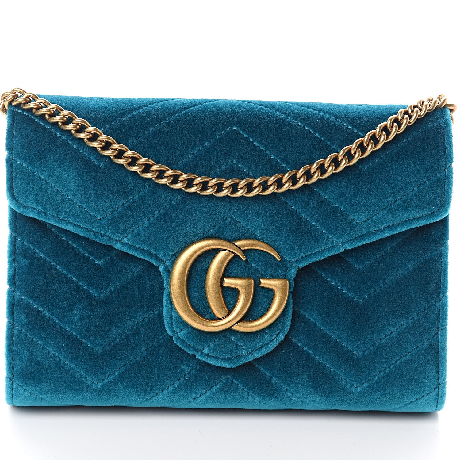 Gucci Velvet Matelasse GG Marmont Chain Wallet Pavone Cyan 6 of 8