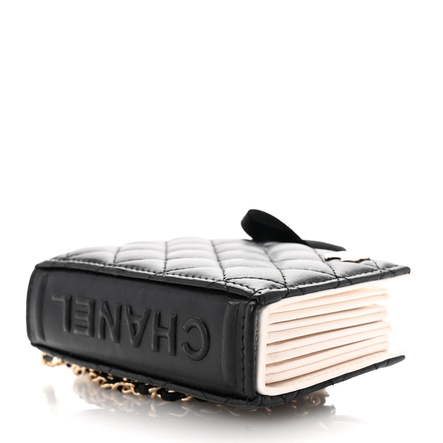 Lambskin Quilted Book Card Holder on Chain Black