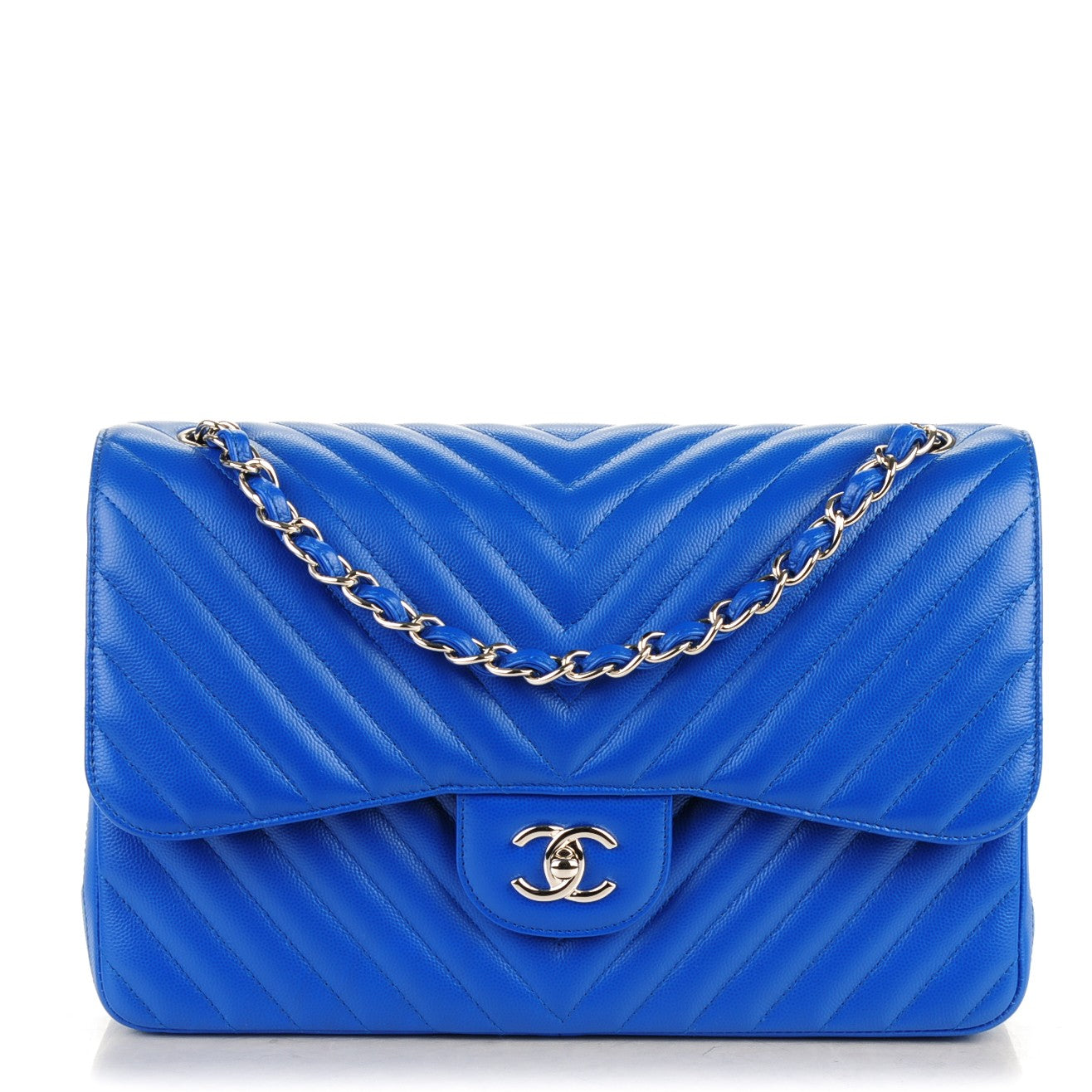 Caviar Chevron Quilted Jumbo Double Flap Bright Blue