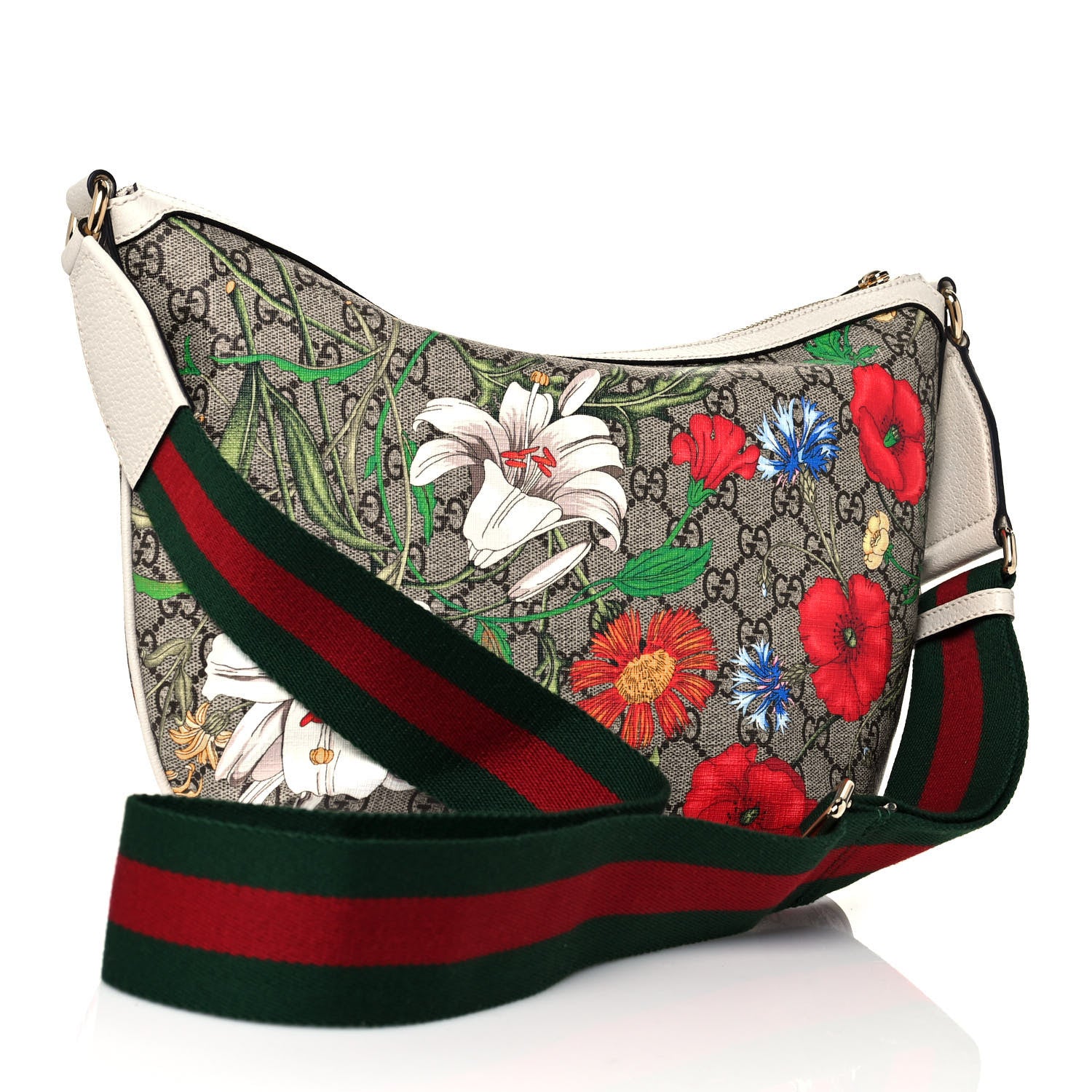 Gucci GG Supreme Monogram Flora Web Small Ophidia Half Moon Hobo White 3 of 14