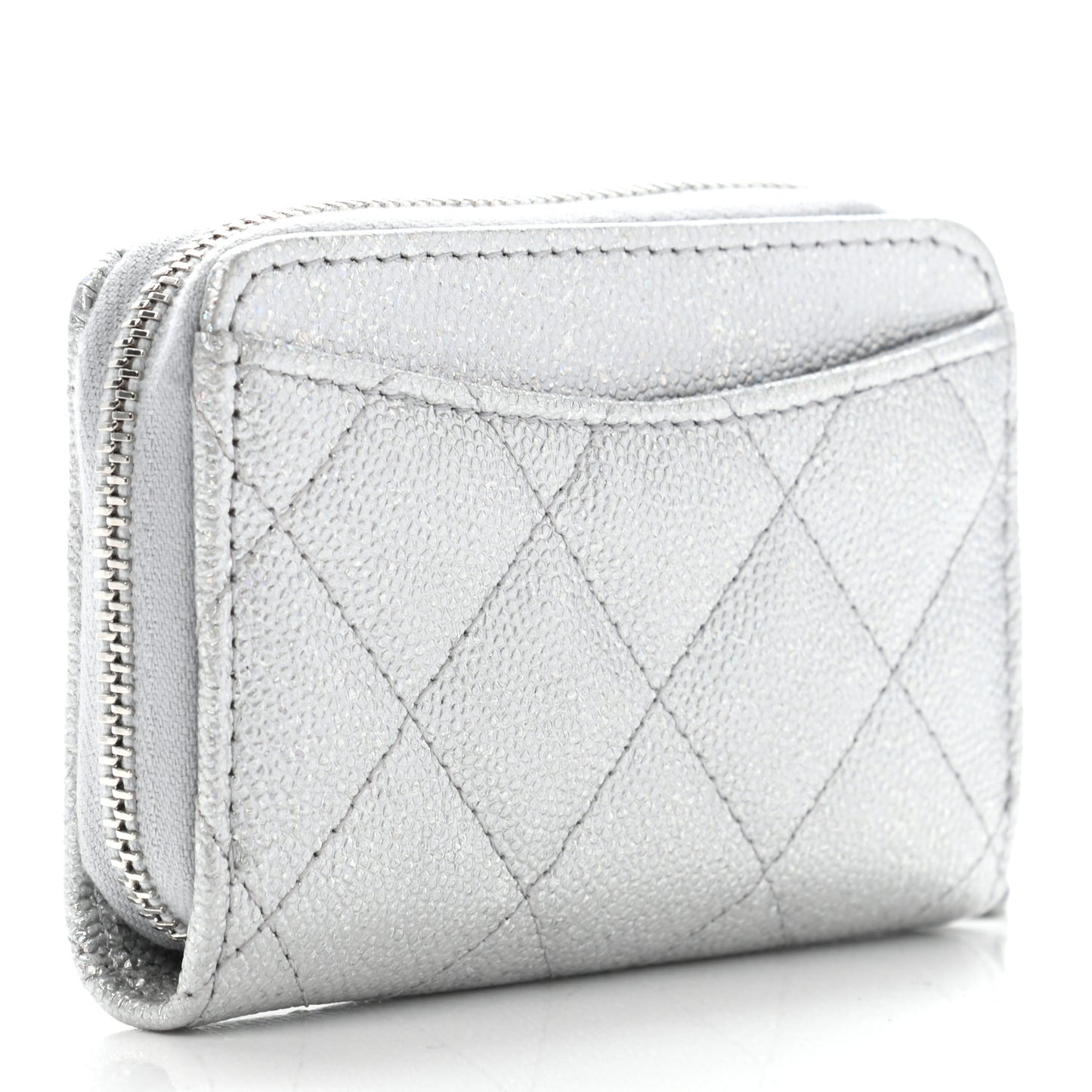 Glittered Metallic Caviar Quilted Zip Coin Purse Wallet Silver